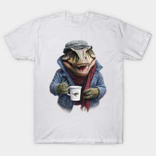 T-Rex wearing a jackets holding a cup of coffee T-Shirt